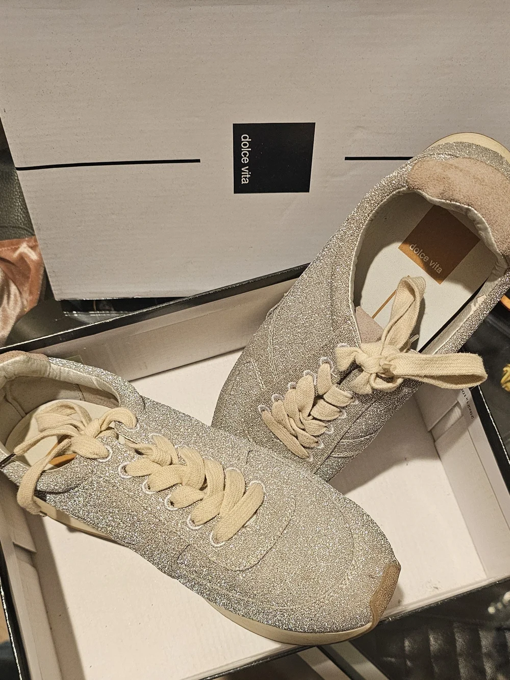 Dolce Vita Silver Glitter Lace-Up Sneakers with Cream Laces